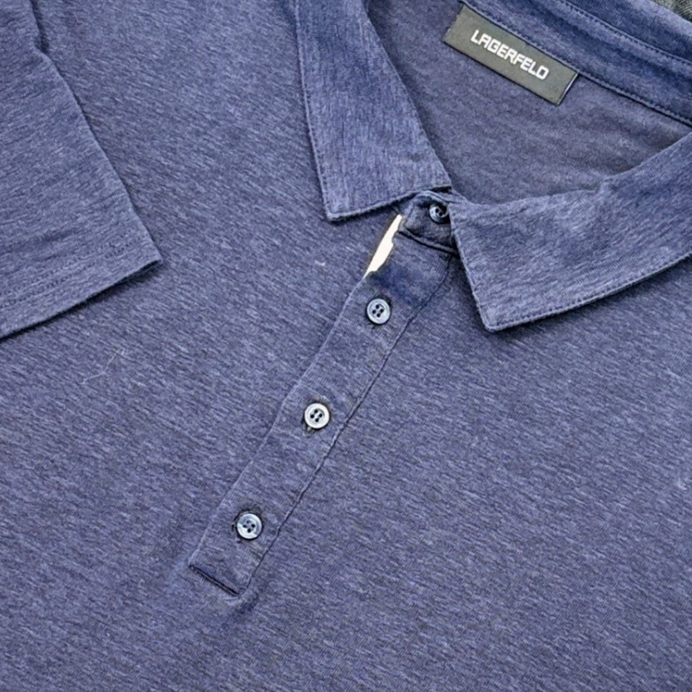 Karl Lagerfeld Polo Linen Shirt Men XL Navy Logo Placket Short‎ Sleeve Jersey